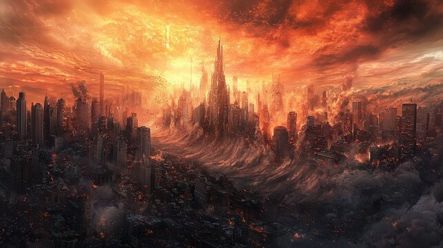 Gigantic tsunami is approaching the city, flashover city cataclysm landscape panorama