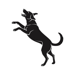 Silhouettes of a jumping dog and a standing dog with various animal-related elements
