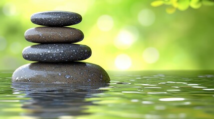Obraz premium Serene Stack of Smooth Stones in Water Garden with Bokeh Greenery Background for Meditation Focus