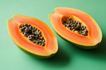 Two halves of a ripe papaya fruit with seeds on a table