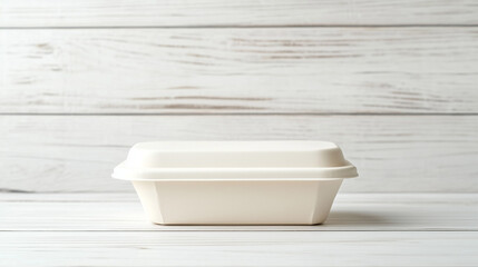 A biodegradable takeout food container on a wooden background. Eco-friendly packaging concept.