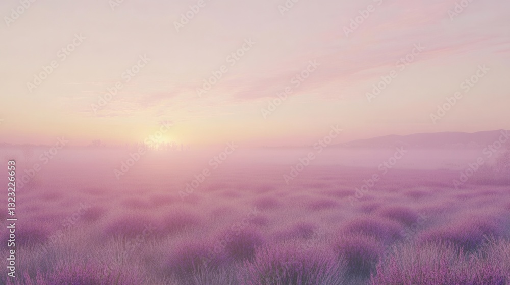 Poster serene lavender field under golden sunrise with soft mist and pastel hues creating a tranquil atmosp