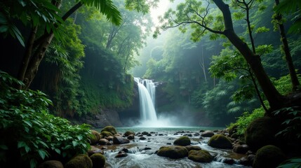 A tropical rainforest shrouded in mist, hidden waterfalls cascading into a lush jungle river. Towering trees and thick foliage create a vibrant, untouched paradise of green.