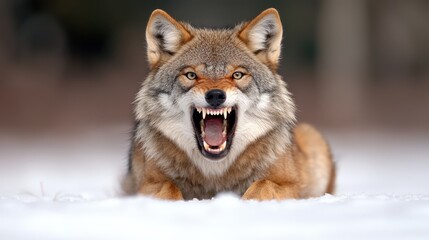 Fototapeta premium Aggressive coyote encounter snowy landscape wildlife photography natural habitat close-up view nature's raw power