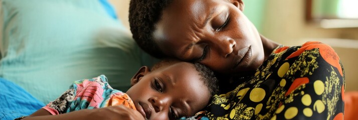 Mother cares for her sick child while looking tired yet determined in a health crisis