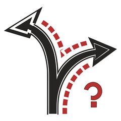 Black and white three-way directional arrow symbol, road sign icon for navigation, choice, decision-making, and multiple path directions
