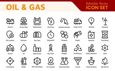 Set of Oil Gas Industry Line Icons. Contains such Icons as Gas Station, Oil Factories, Transportation, and more. line icon set.