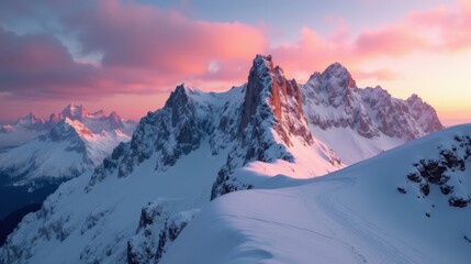 A quiet snow-covered mountain ridge, sharp peaks glowing pink under a soft sunset. The untouched snow reflects the fading light, creating a serene, breathtaking alpine scene.