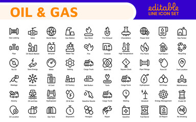 Set of Oil Gas Industry Line Icons. Contains such Icons as Gas Station, Oil Factories, Transportation, and more. line icon set.