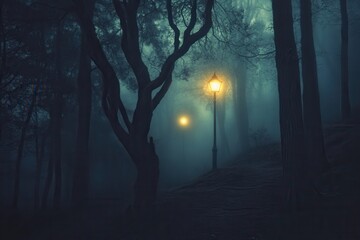 Eerie fog envelops a dark forest with twisted trees and a distant glowing street lamp casting an unsettling atmosphere