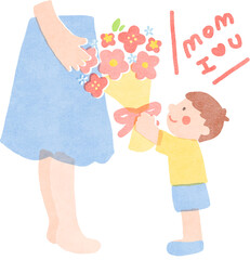 Boy holding a bouquet of flowers to his mother