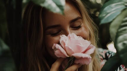 Woman Inhaling the Fragrance of a Pink Rose in a Lush Green Garden