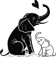 Black and white cartoon elephant illustration with Baby cute and funny design