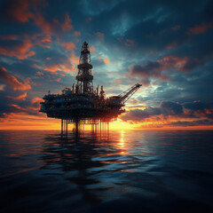 Fototapeta premium An oil drilling rig in the middle of the ocean, with both sunrise and sunset occurring simultaneously in the background