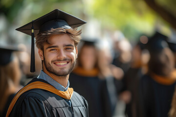 Young college student of European appearance after graduation in graduation gown and cap, stands smiling against background of other students. Passing exams, graduation