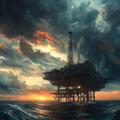 Obraz premium An oil platform in the ocean at dusk and dawn simultaneously, with both the rising and setting sun visible in the sky.