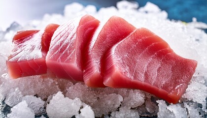 raw tuna sashimi pieces served on crushed ice in restaurant fresh fish on white cold snow background with bokeh effect japanese cuisine preparation closeup