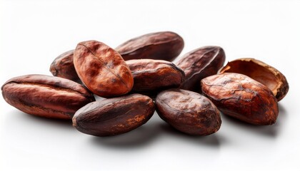 primer plano de granos de cacao tostados en superficie blanca