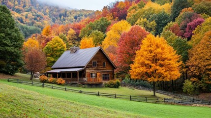 A wooden farmhouse surrounded by colorful fall trees, rustic and cozy atmosphere