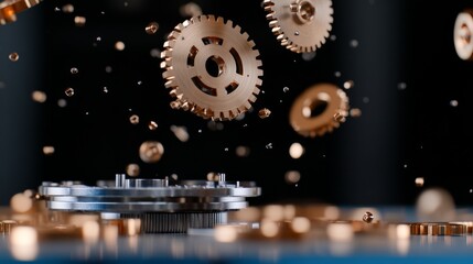 Gears in motion, suspended in mid-air against a dark background