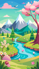 Obraz premium Scenic spring landscape featuring mountains, trees, and flowing river under bright sky