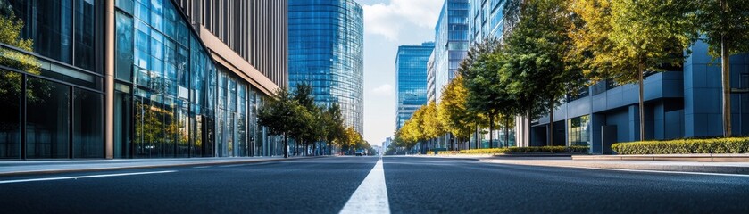 Obraz premium A clean and modern urban street with visible greenery and contemporary architecture, perfect for city life.
