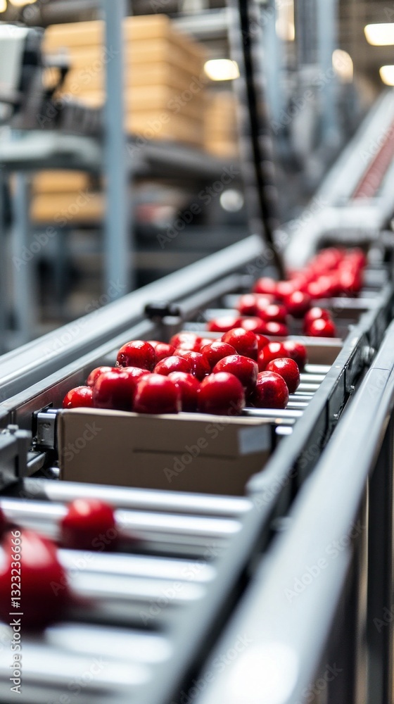 Poster red tomatoes are being transported along a conveyor belt in an agricultural facility, ready for sort