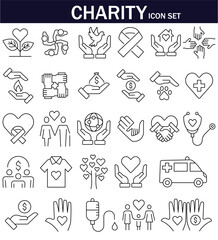 Fototapeta premium Charity icon set. Collection of donate, volunteer, help, hope and more. Vector illustration. Editable Stroke. EPS 10.