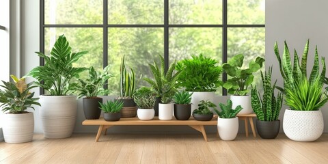 Fototapeta premium A Scandinavian-inspired living space with a combination of potted ferns, snake plants, and cacti, simple wooden furniture, and natural textures