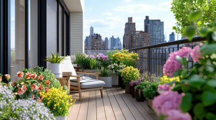 Fototapeta premium A minimalist apartment balcony with a mix of potted flowers and succulents, a comfortable lounge chair, and a city skyline in the background