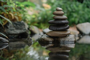 Stack of Zen stones perfectly balancing on a rock reflecting in calm water with blurred plants in the background, creating a peaceful and meditative atmosphere
