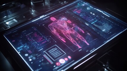 A digital tablet displaying a vibrant holographic interface, showcasing innovative technology and creativity.