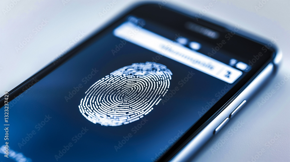 Poster biometric security: a close-up view of a mobile phone's screen displaying a detailed fingerprint, sy
