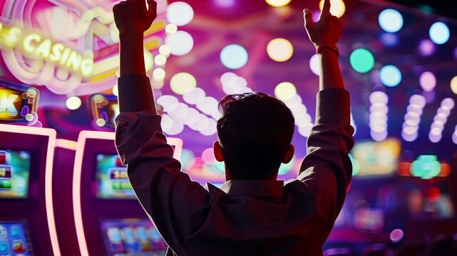 Mann jubelt vor Spielautomaten in Casino