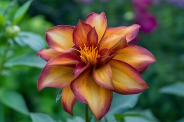 Fototapeta premium Close up of a vibrant dahlia flower with rich orange and red petals, set against a lush green garden background, showcasing natural beauty