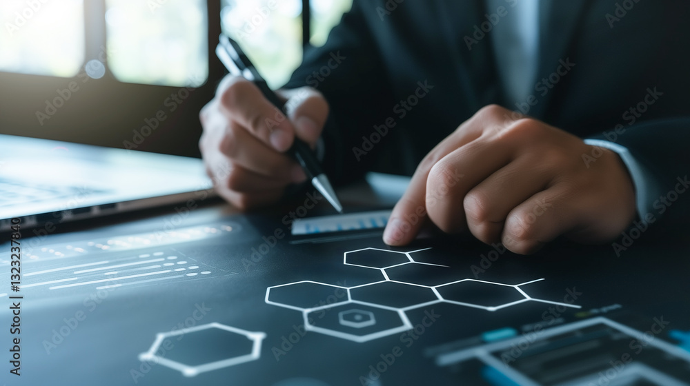 Poster analytical precision: a sharp-dressed individual delves into intricate research with focus, using cu