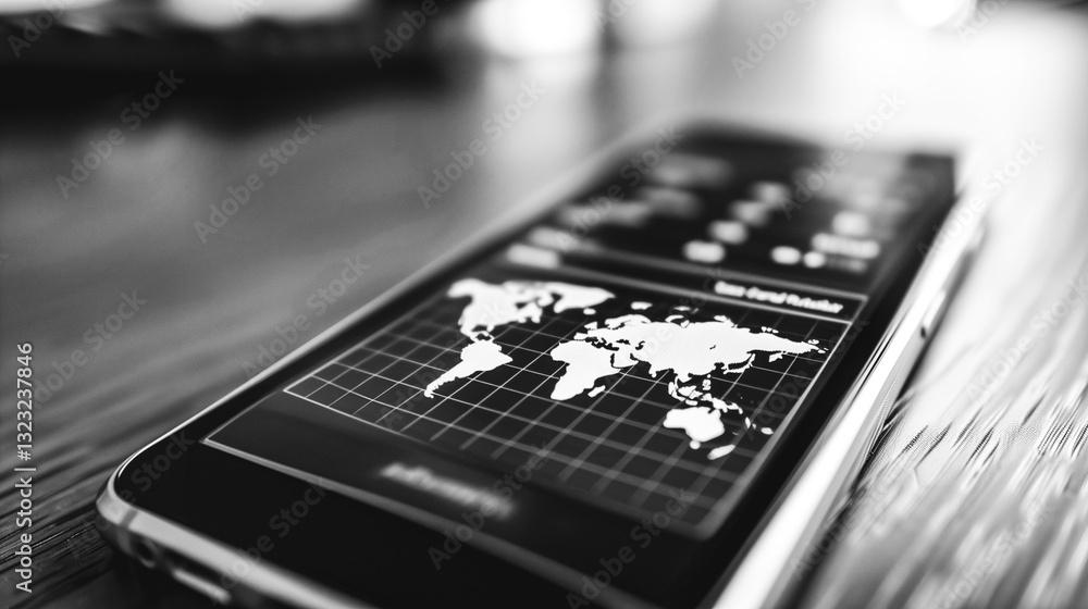 Aufkleber world map on the screen: a grayscale photo of a smartphone displays a world map and some data, layin