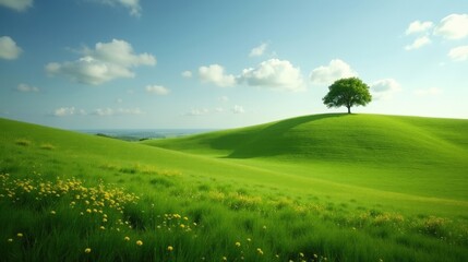 Fototapeta premium Rolling green countryside dotted with scattered wildflowers, a lone tree standing on a gentle hill. A peaceful rural landscape bathed in soft sunlight.