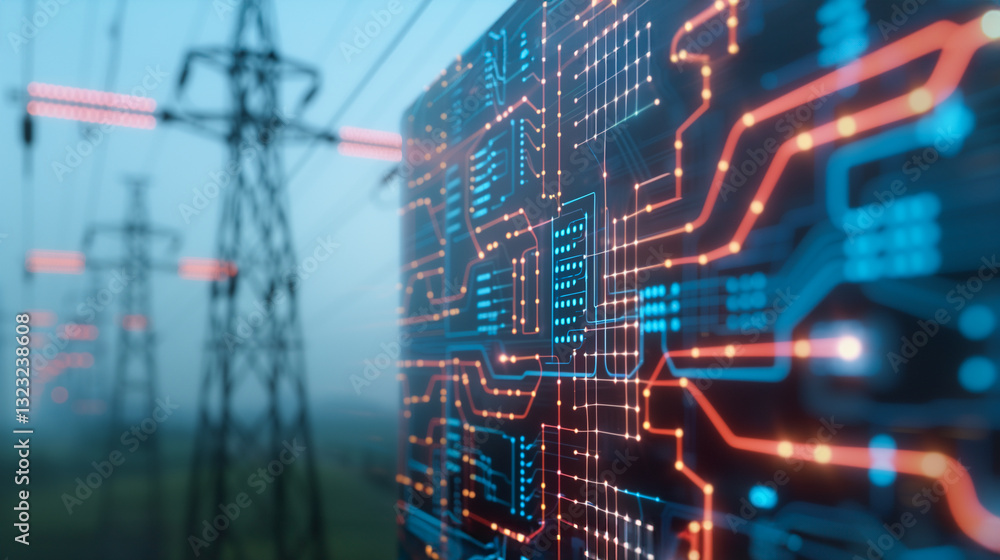 Poster power grid circuit: a vibrant circuit board glows beside the towering presence of electrical pylons 