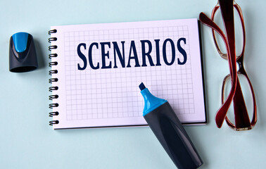 SCENARIOS - word on a white sheet with glasses and marker in the background