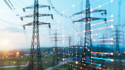 Power Grid and Data Network:  A network of towering power lines with digital overlay, symbolizing the fusion of energy infrastructure and modern technology, connecting communities.