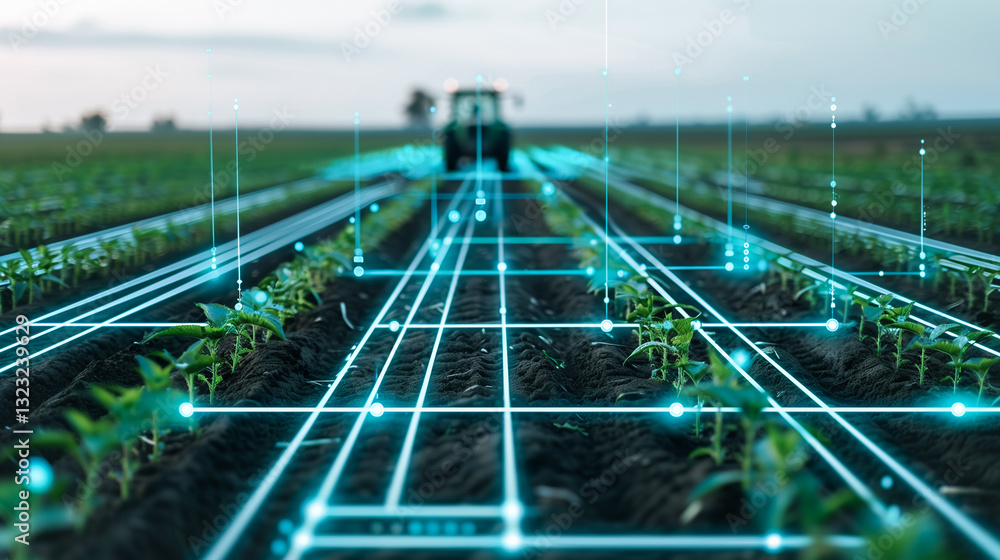 Aufkleber smart farming: a futuristic view of a tractor and crop field overlaid with digital lines symbolizing