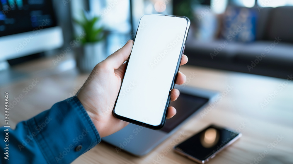 Poster smart device showcase: a close-up shot of a hand holding a sleek, modern smartphone with a blank scr
