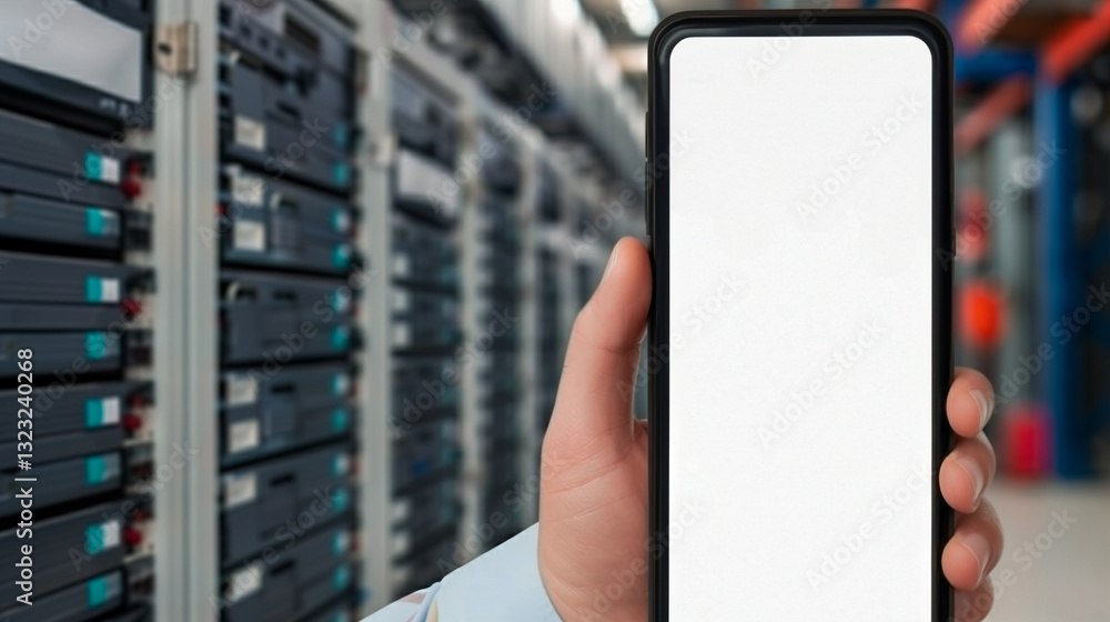 Poster smart data center connection: a hand holding a smartphone with a blank screen against the backdrop o