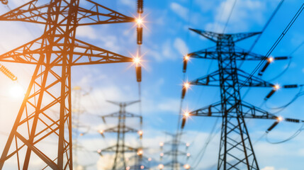 Power Lines in Blue Sky: A network of high-voltage power lines stretches across a vibrant blue sky, symbolizing the distribution of electricity and the infrastructure that powers our modern world.