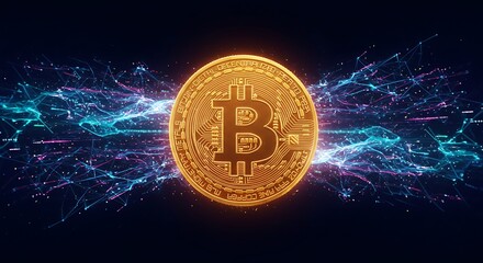 A glowing Bitcoin coin with a digital blockchain network behind it.