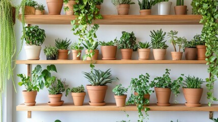 A bright and airy indoor garden with wooden shelves filled with potted succulents, ferns, and hanging ivy