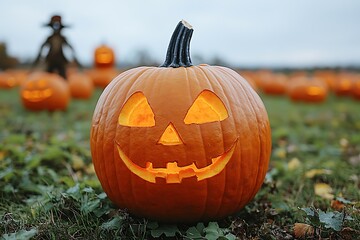 A carved pumpkin with an illuminated face is on display