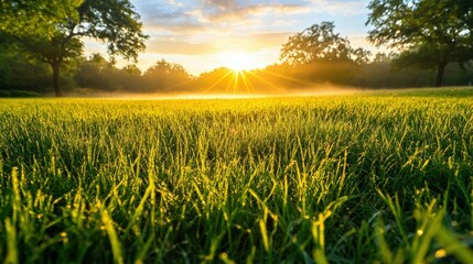 A golden sunrise over a city park, mist rising from the grass