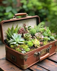 A creative tiny garden built into an old suitcase, filled with succulents, ferns, and moss for a unique aesthetic